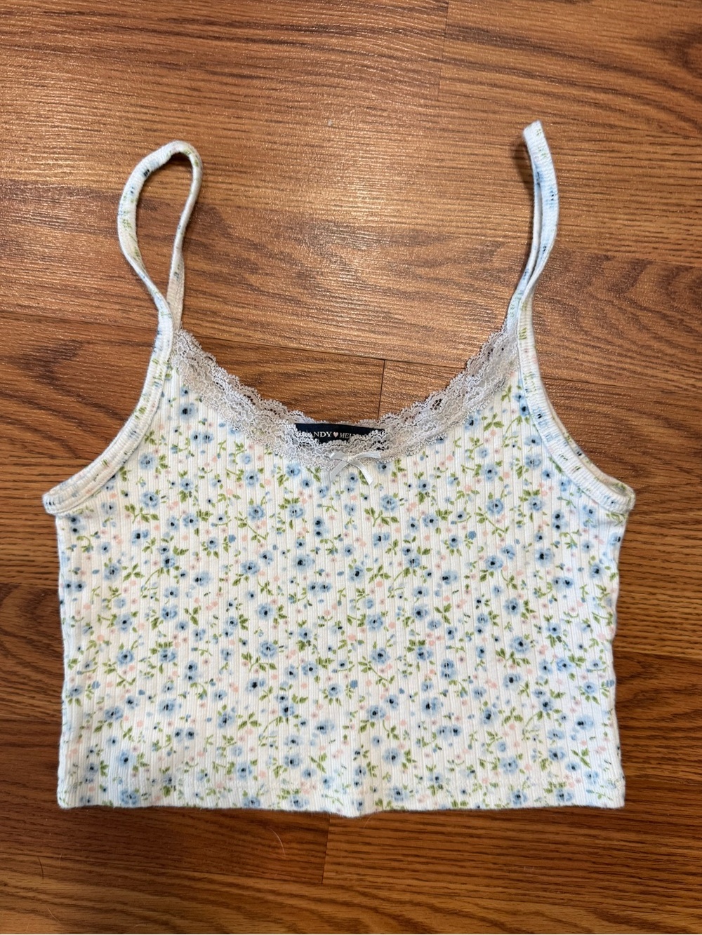 Brandy Melville Floral Ribbed Tank Top One Size Lace Trim Cropped